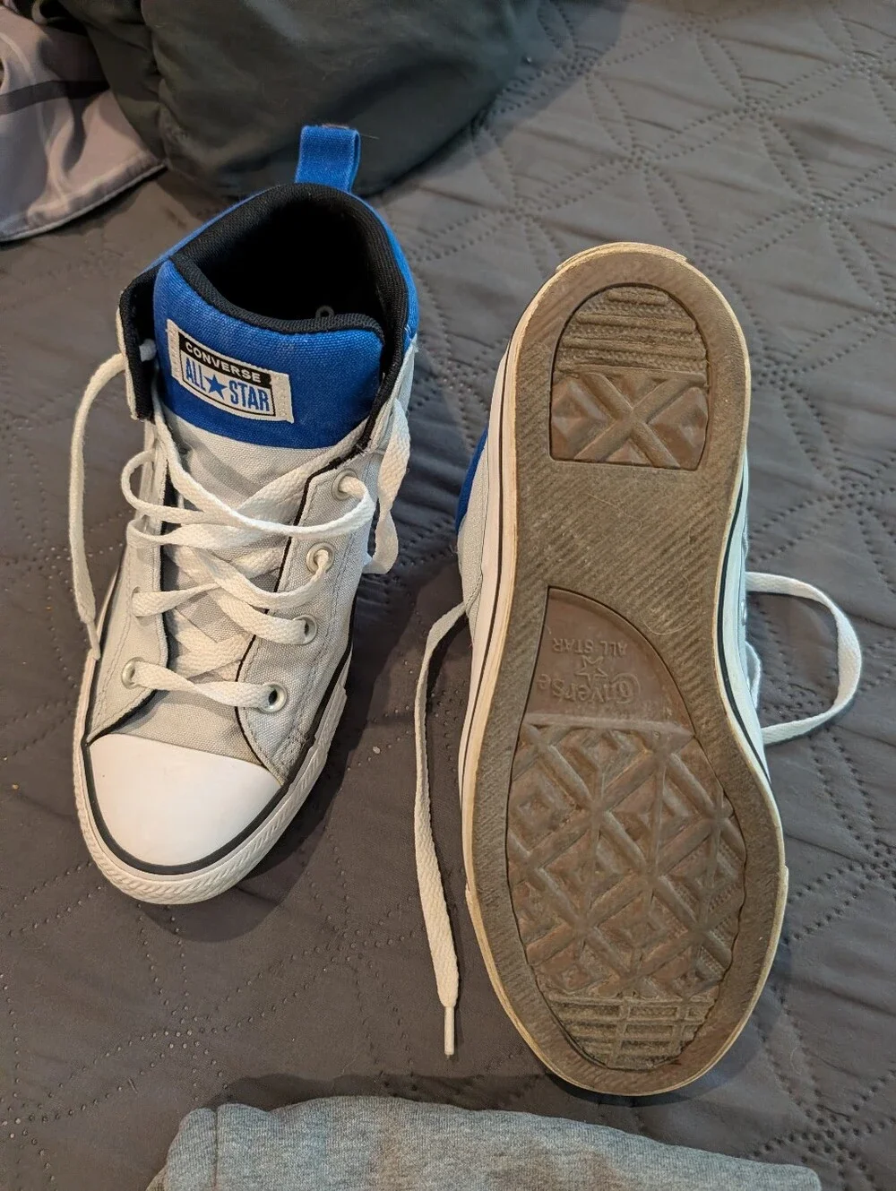 Converse Kids White Canvas High Top Sneakers with Blue Tongue